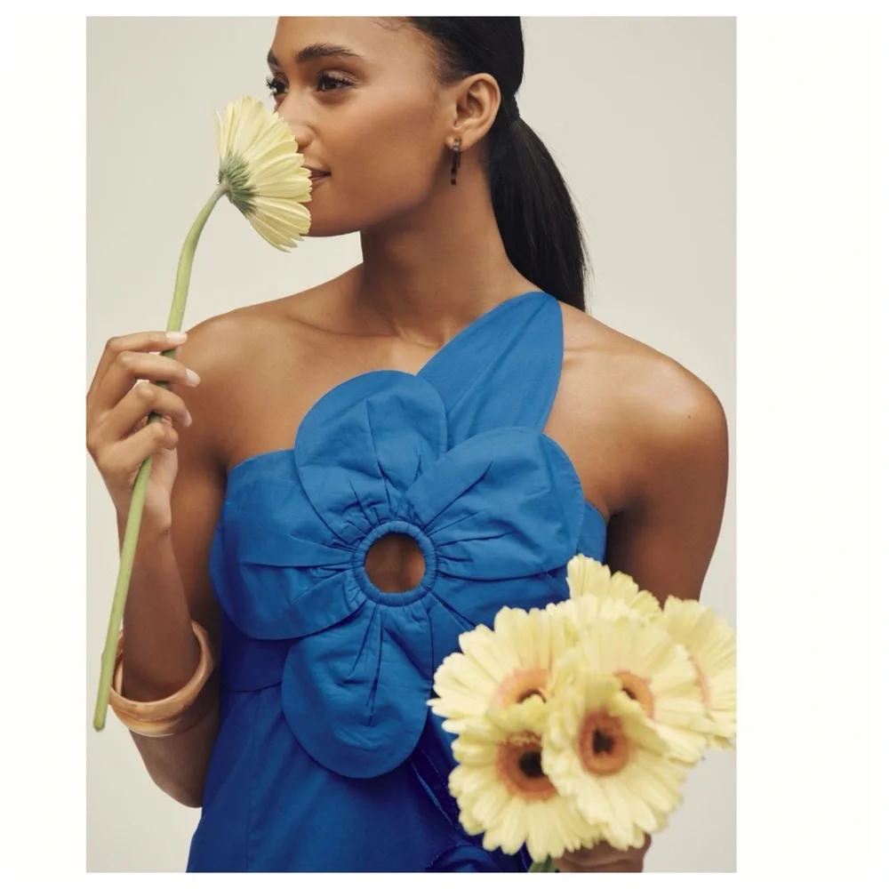 NWT Anthropologie One-Shoulder Cutwork Cutouts 3D Flower Blue Midi Dress - Picture 3 of 16